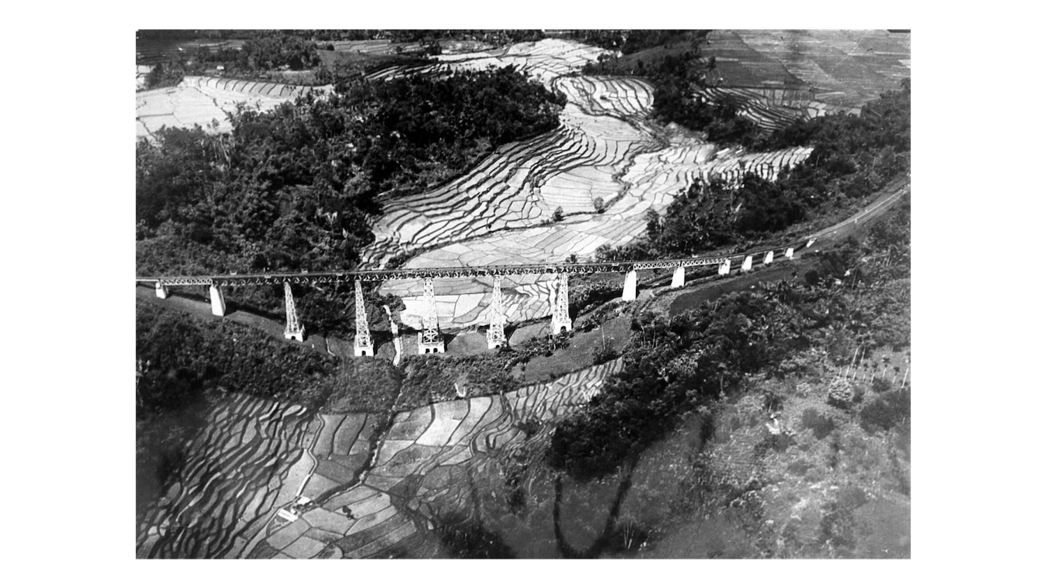 Pandangan udara dari sebuah jembatan kereta api di lanskap sawah di Jawa Barat