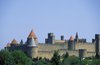 Carcassonne, close view of the surrounding ramparts and turrets overlooking the site