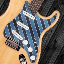 109 - blue striped fabric custom printed Stratocaster pickguard on guitar