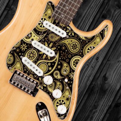 163 - Stratocaster - black and beige paisley custom printed pickguard on guitar