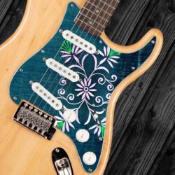 166 - Teal Flowers Custom printed Stratocaster pickguard on guitar 2