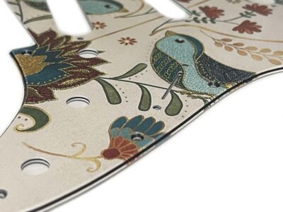 125- Stratocaster - Embroidered flowers birds custom printed pickguard closeup