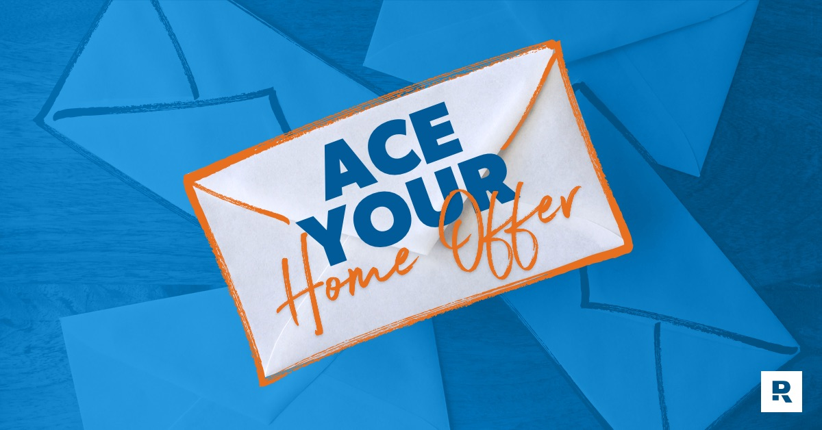 Painted envelope on blue background with text. Ace your home offer.