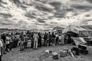 "Standing Rock in Black and White"--This is the chow line at the " Healing Nations Kitchen" at Standing Rock, September 2016. (Courtesy of Mark Manley)