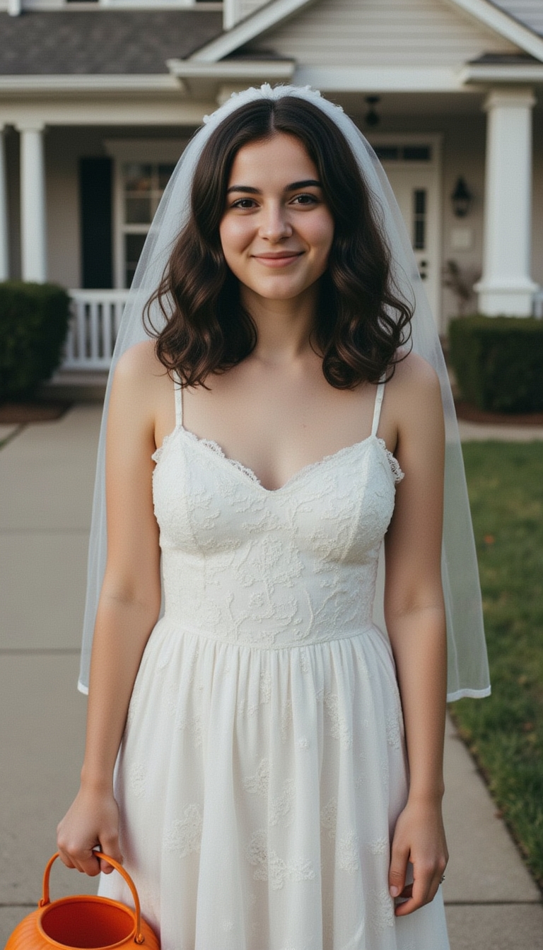 A woman in a tattered white dress with lace veil, styled dark hair in ...