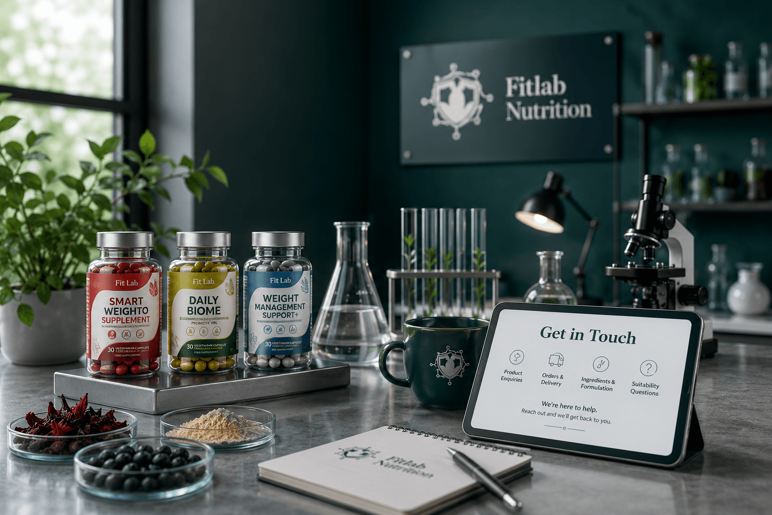The Fitlab Nutrition product range on a workspace beside a Get in Touch enquiry panel, at the company's UK premises
