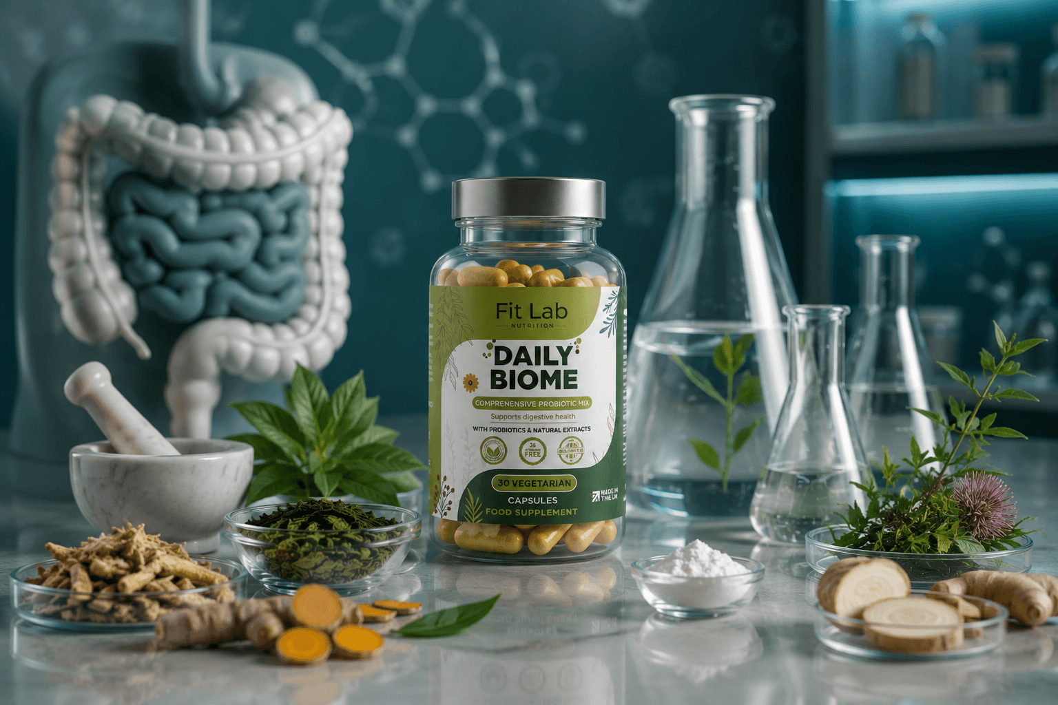 Daily Biome five-layer gut health supplement with live cultures and prebiotics