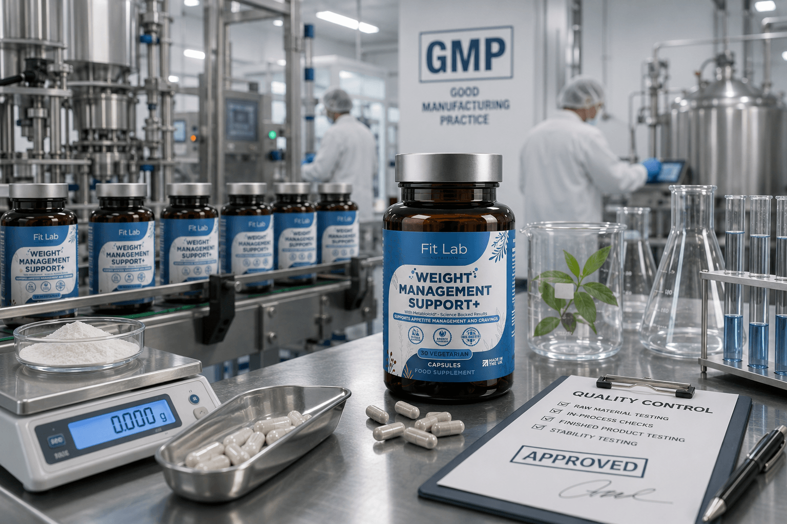 UK manufacturing facility where Fitlab Nutrition supplements are produced under GMP standards