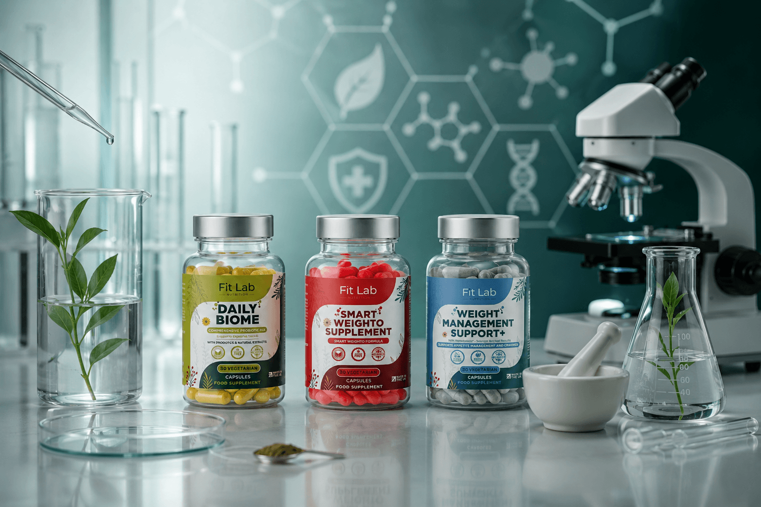 Laboratory environment showing ingredient selection and quality testing for supplement formulation