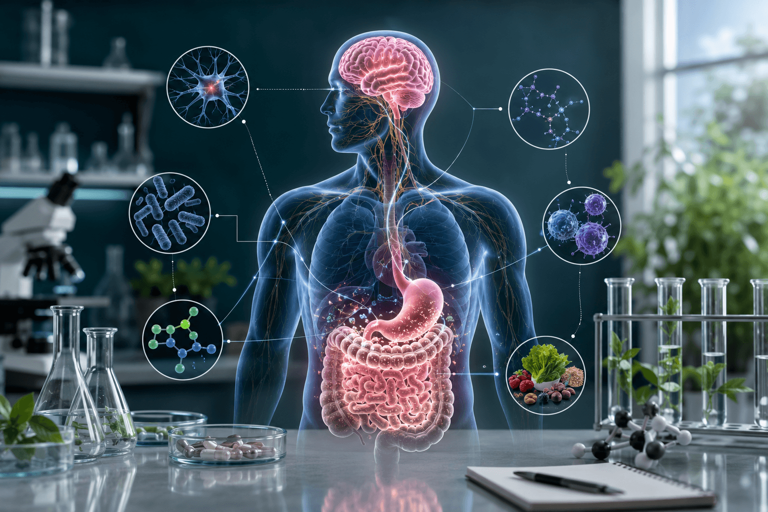 Illustration of the gut-brain connection and metabolic health pathways