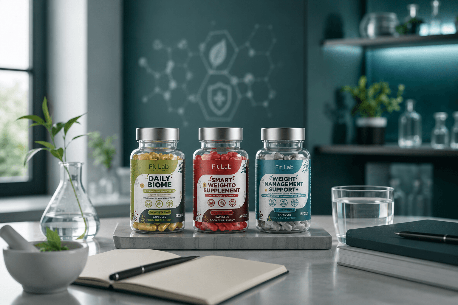 Fitlab Nutrition supplement range displayed on a clean surface with natural lighting