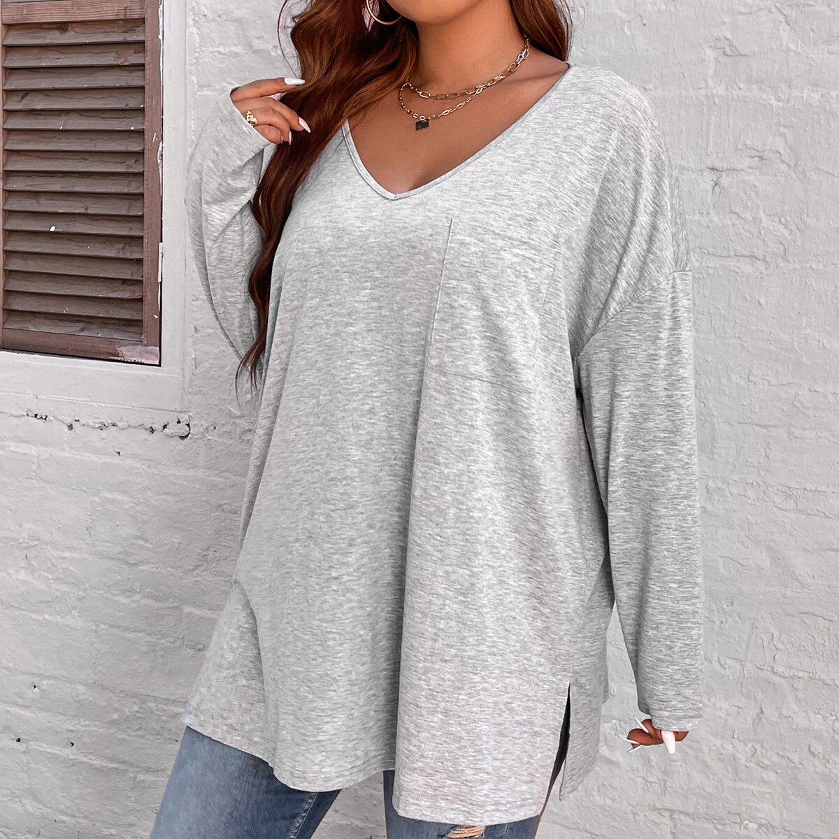 Blusa holgada de manga larga con cuello en V para mujer, camisa de color gris liso con bolsillo, 4xl talla grande, Otoño y verano, 2022