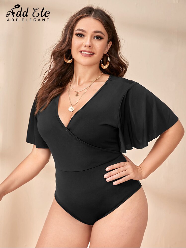 Body elegante de talla grande para mujer, con cuello en V profundo ropa Sexy, manga acampanada, informal, sólido, alta elasticidad, B411, 2022