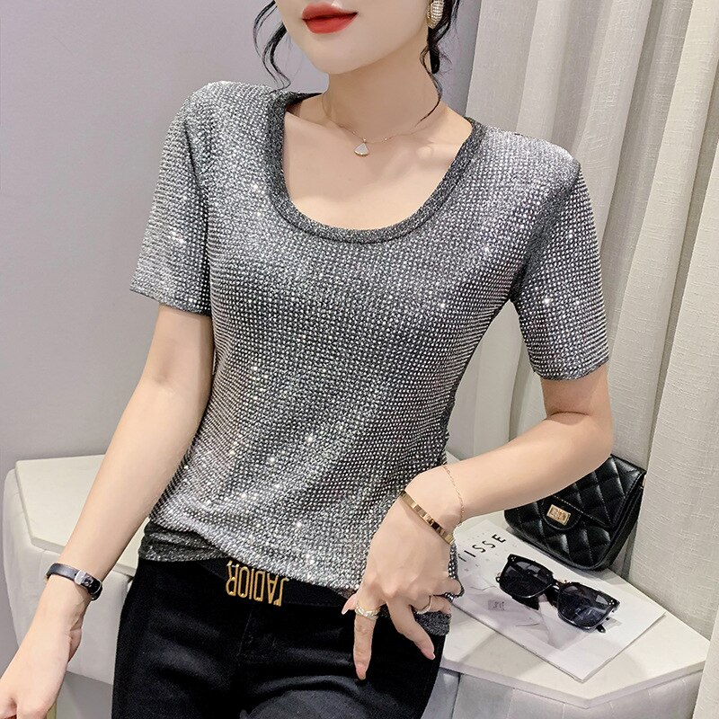 Camiseta ajustada de manga corta con cuello redondo para mujer, Top con diamantes brillantes, moda de verano, 2022