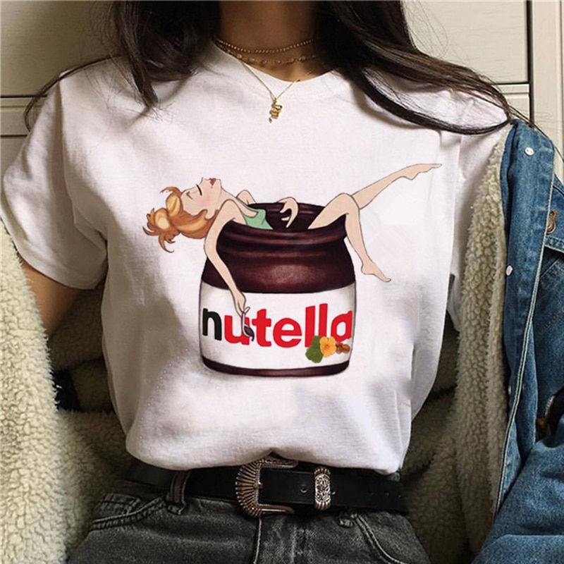 Camiseta con estampado de Nutella para mujer, remera Harajuku Kawaii de los años 90, playera con estampado de dibujos animados, camisetas de estilo coreano para mujer 2022