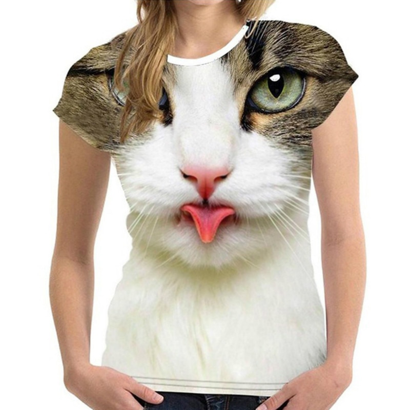 Camisetas con estampado de gato en 3D para mujer, camisetas de animales Harajuku, camisetas de cuello redondo, ropa de manga corta de gran tamaño 2022
