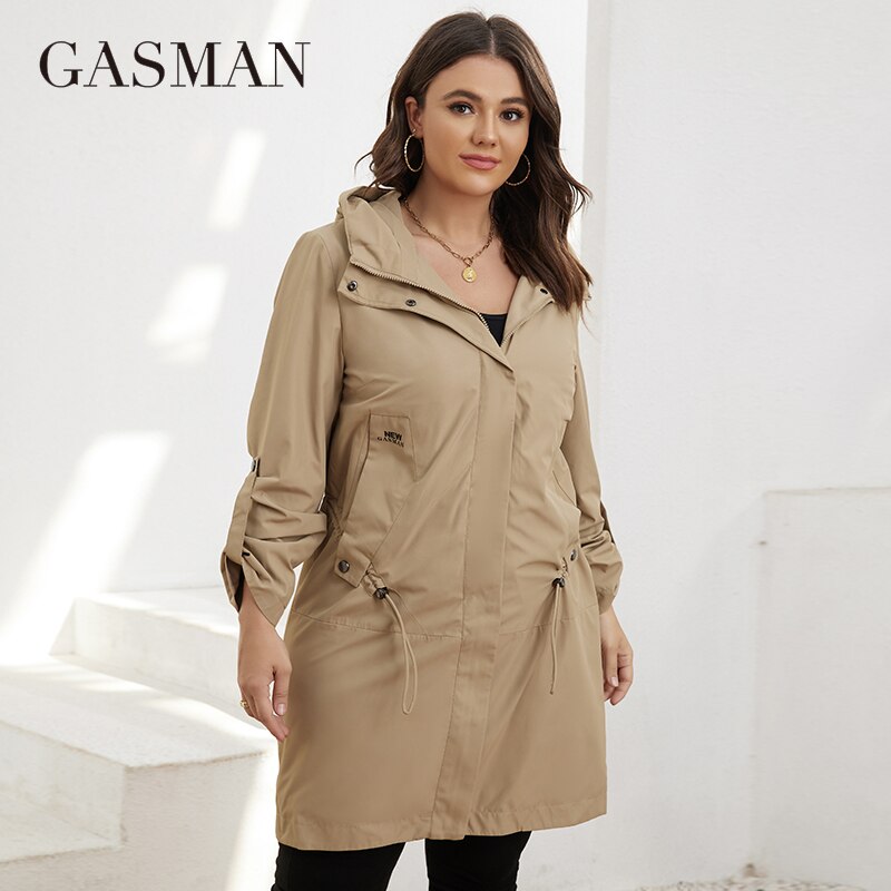 GASMAN-gabardina de talla grande para mujer, chaqueta con cremallera y cinturón de longitud media, cortavientos de Color sólido, GM-8299