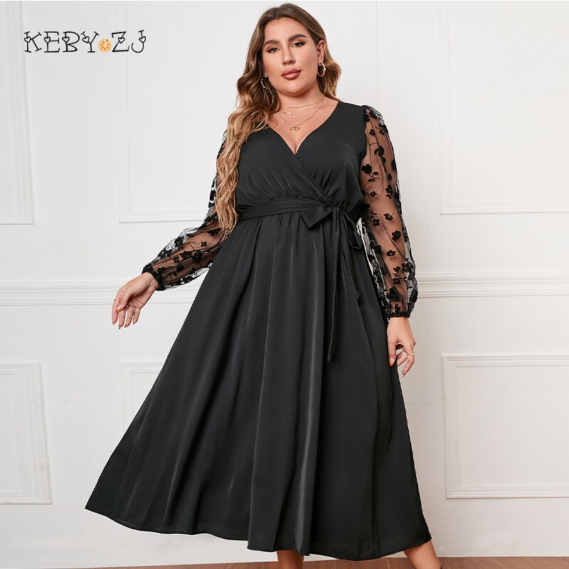 KEBY ZJ-Vestido largo de encaje con escote en V profundo para mujer, ropa de talla grande, Sexy, negro, manga larga, elegante, informal, talla grande, 3XL, 4XL