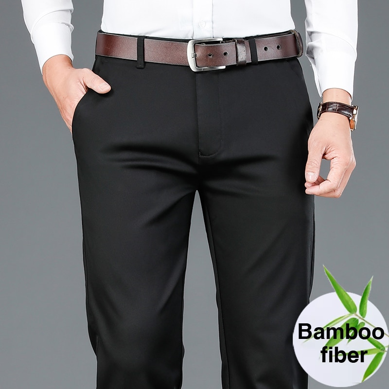 Pantalones casuales de fibra de bambú para hombre, pantalones de algodón elástico caqui, estilo clásico, moda de negocios, ropa de marca, primavera, 2022