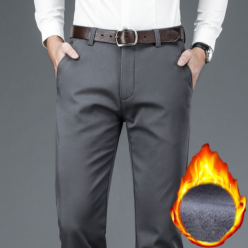 Pantalones elásticos gruesos rectos para hombres, pantalones casuales cálidos de lana, ropa de marca, negocios, otoño e invierno, 4 colores