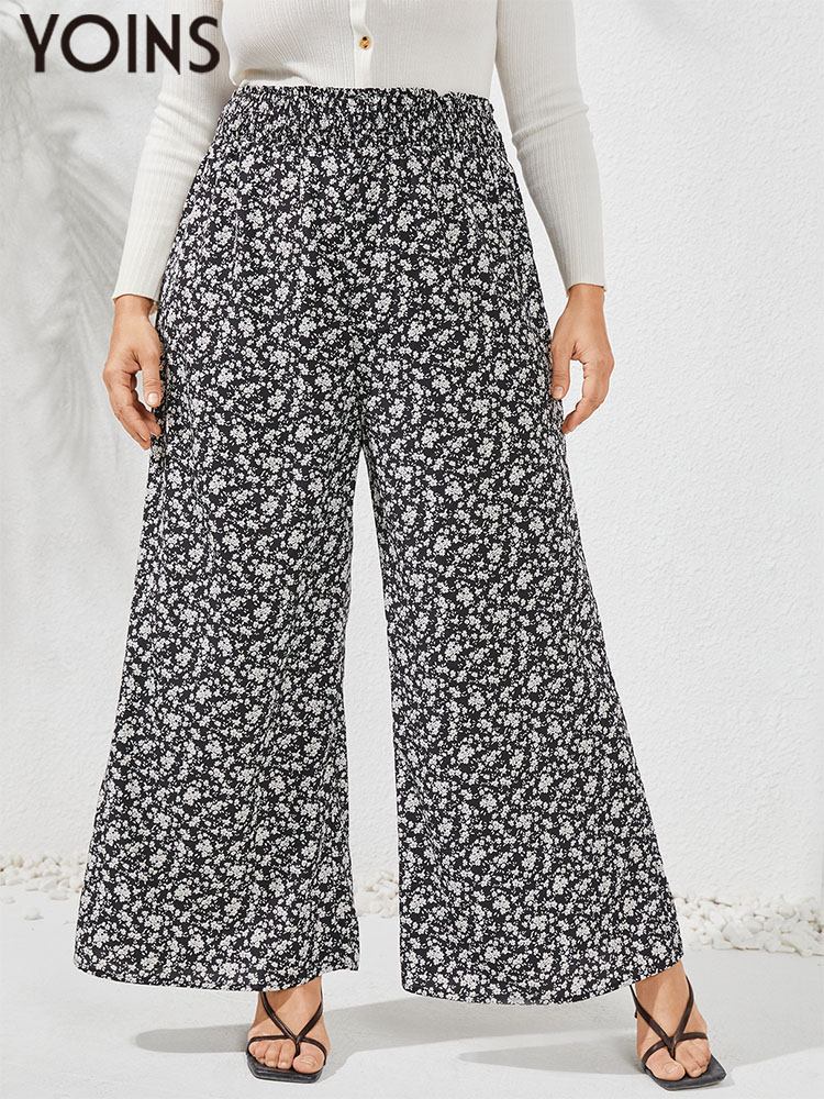 YOINS-Pantalones bohemios de pierna ancha para mujer, pantalón largo con estampado Floral de cintura alta, informal y Vintage, talla grande, Otoño, 2023