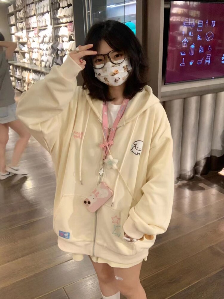 ADAgirl-Sudadera con capucha Kawaii para mujer, suéter de manga larga con cremallera, color rosa, Harajuku, Cutecore, de gran tamaño, de lana coreana, Tops femeninos