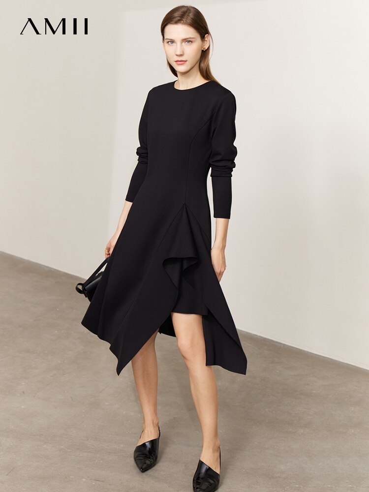 AMII-vestido minimalista asimétrico para mujer, ropa elegante de primavera 2023, estilo francés, 0-Cuello, línea A, color liso, ajustado a media pantorrilla, 72341036