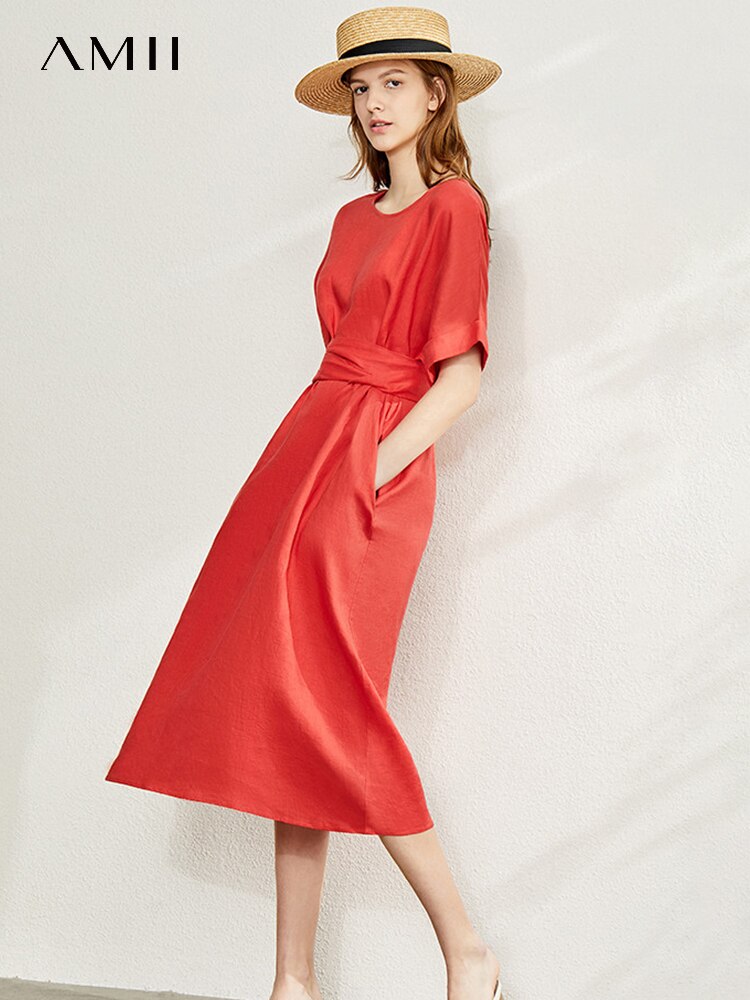 AMII-vestido minimalista de lino con cuello redondo para mujer, traje artístico de nicho a la moda, novedad de verano, 2023, 100%