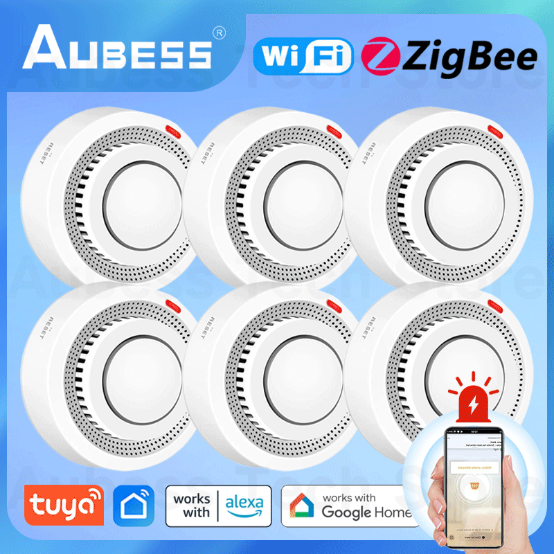 AUBESS-Detector de humo ZigBee/WiFi, sistema de alarma contra incendios, protección de seguridad para el hogar inteligente, Tuya, asistente de Google