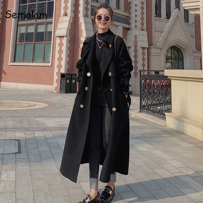 Abrigo largo de lana para mujer, chaqueta holgada de doble botonadura, color negro y rojo, a la moda, elegante, otoño e invierno, 2023