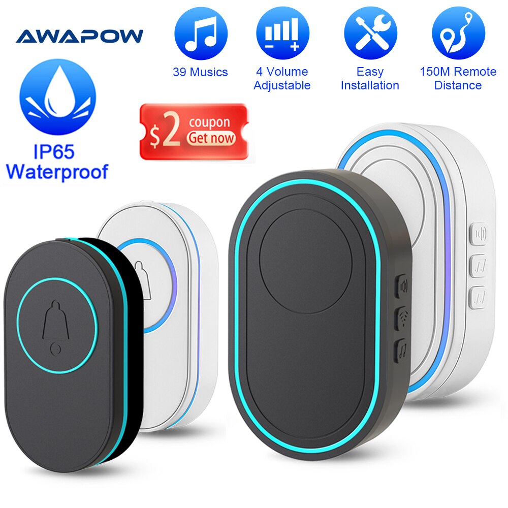 Awapow-timbre inalámbrico impermeable IP65 para el hogar, timbre de puerta inteligente para exteriores, tono de llamada de 39, 4 niveles de volumen, Flash LED ajustable, alarma de seguridad
