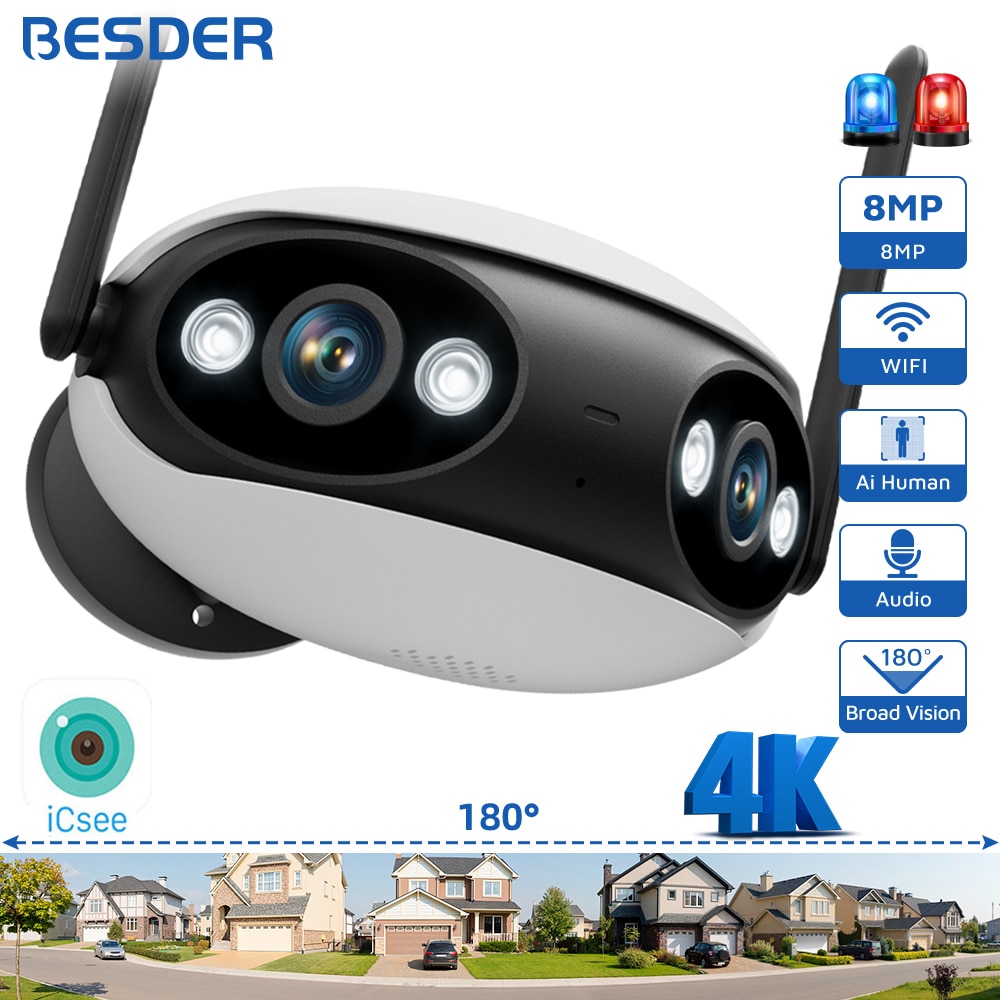 BESDER-cámara IP 4K panorámica de 8MP, 180 °, ángulo de visión amplio, vigilancia Wifi para exteriores, visión nocturna, CCTV, protección de seguridad