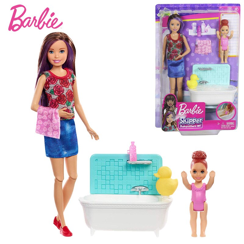 Barbie Skipper Babysitters, muñeca de bañera para niños pequeños, casa de juegos Kawaii para niñas, modelo de acción, juguetes para regalos