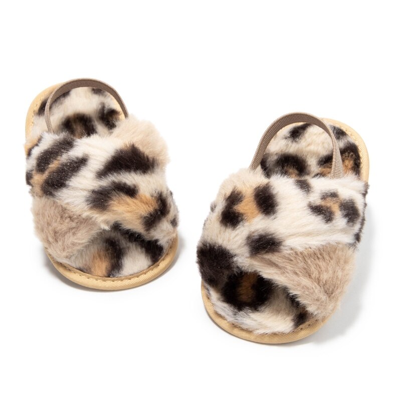 Baywell-Sandalias de felpa de leopardo para niñas, zapatos antideslizantes de piel sintética, para interiores y exteriores, de 0 a 18 meses
