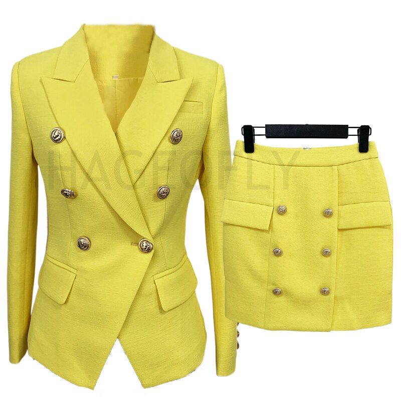 Blazer de lino y algodón con doble botonadura para mujer, conjunto de dos piezas, color amarillo, verde menta, traje para mujer, saco con falda