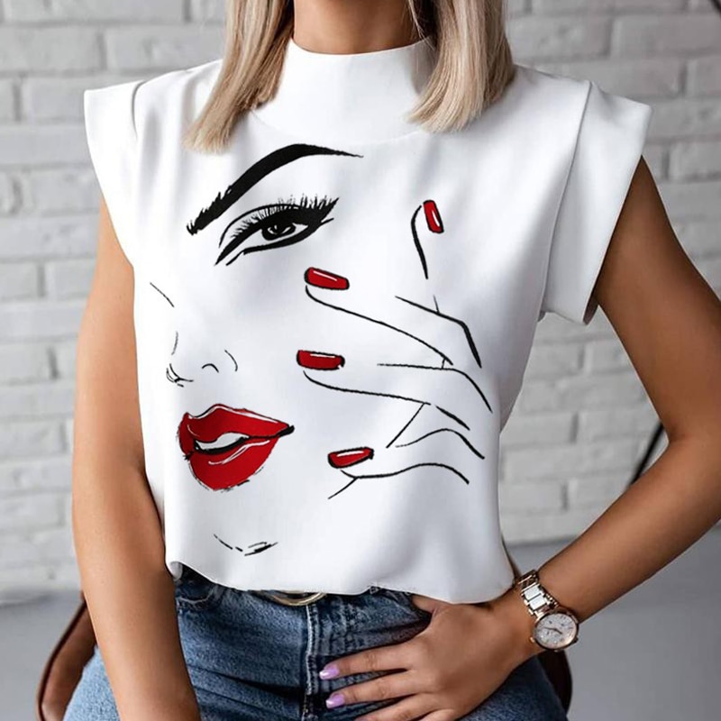 Blusa informal con estampado de labios para verano, camisa elegante con cuello levantado para mujer, 2021
