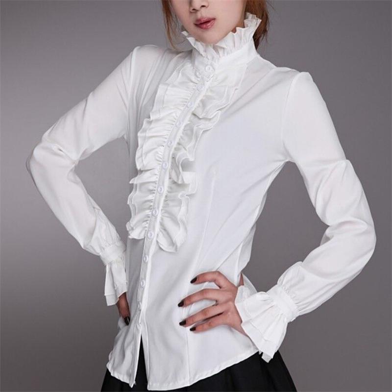 Blusa victoriana para mujer, camisa blanca de cuello alto con volantes y puños, para oficina, otoño