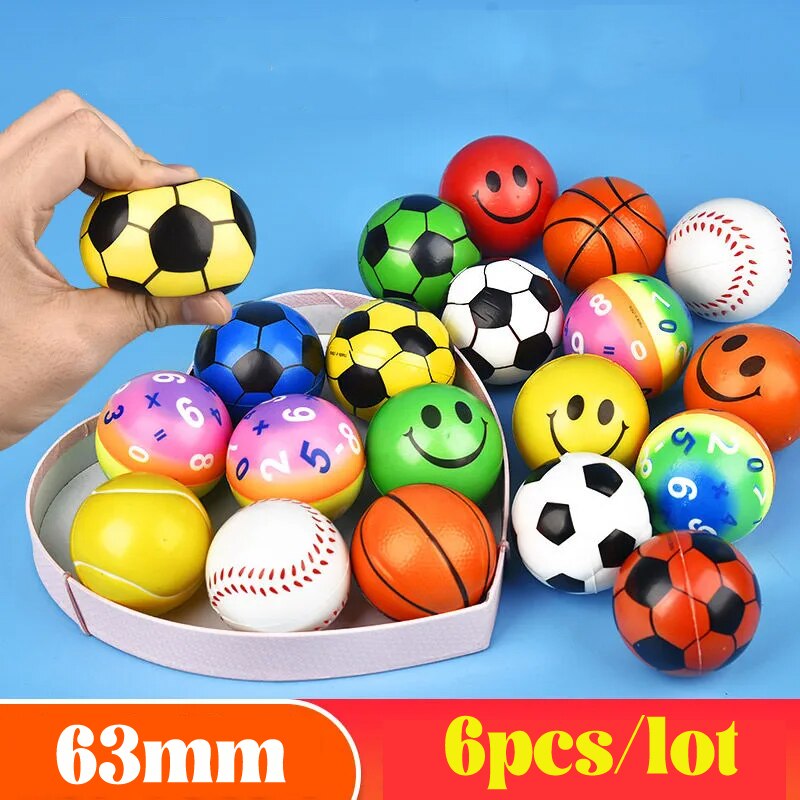 Bola de espuma con cara sonriente para niños, Bola de estrés para apretar, juguete de alivio para deportes al aire libre, ejercicio de muñeca, bolas de juguete de PU, 6,3 cm, 6 unidades por lote
