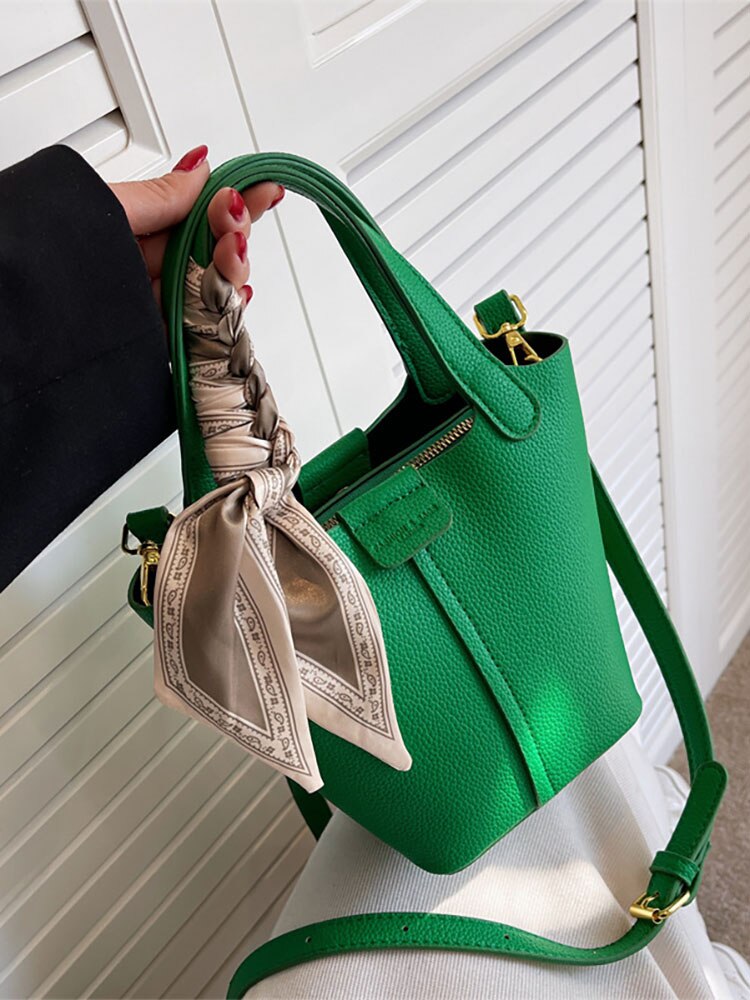 Bolso de hombro de cuero Pu de diseñador de moda verde para mujer, bolso de cubo de bufanda clásica, bolso de compras femenino, bolso de mano de lujo