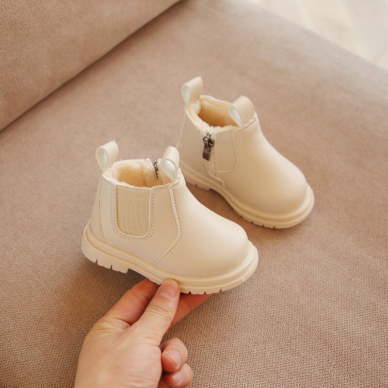Botas de nieve Vintage para niños y niñas, zapatos de piel con plataforma para mantener el calor, color negro, blanco y rosa, F10231