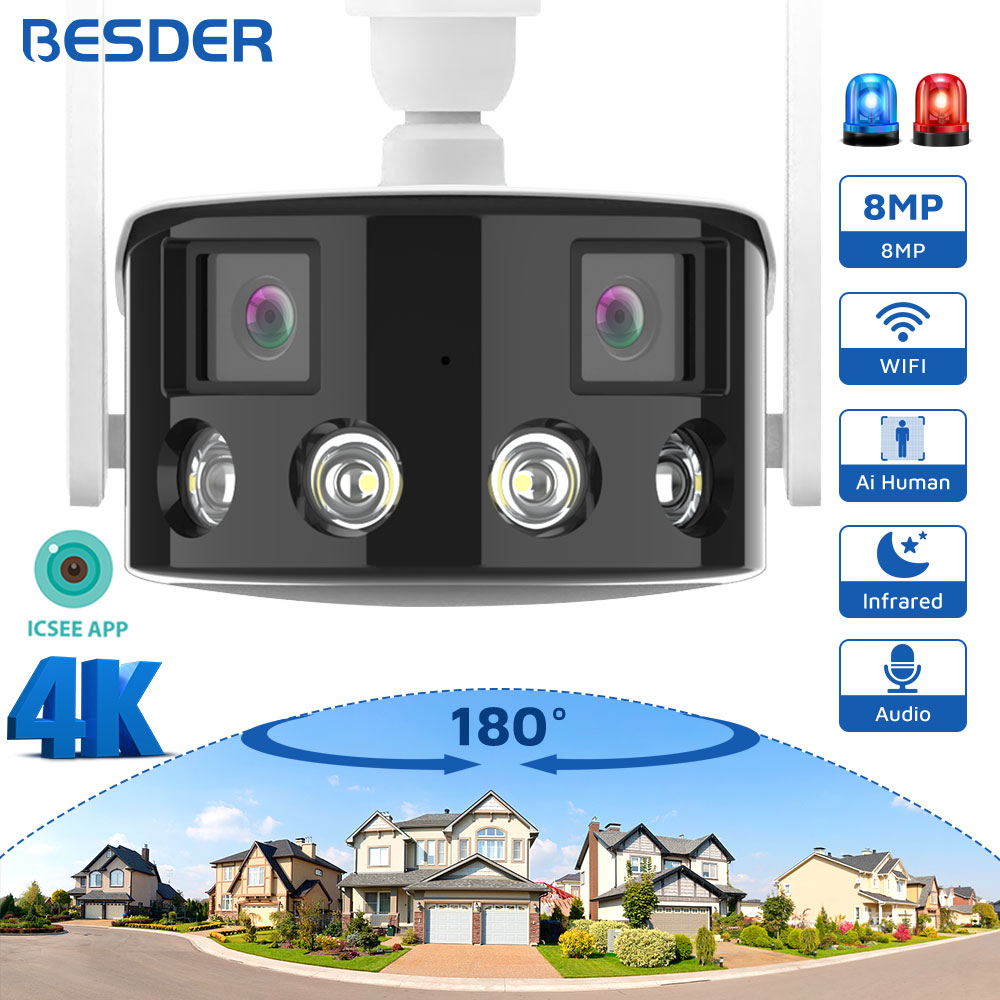 Cámara IP de 8MP 4K, videocámara de vigilancia con WiFi, visión nocturna a Color, 180 °, gran angular, para exteriores, CCTV de 4MP, cámara de protección de seguridad