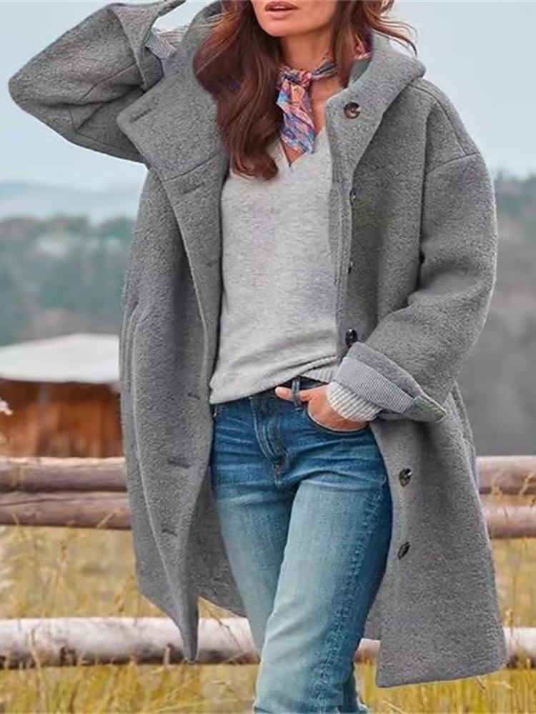 Cárdigan liso de mezcla de lana para mujer, abrigo de manga larga con capucha y bolsillo, ropa de calle, otoño e invierno, 2023