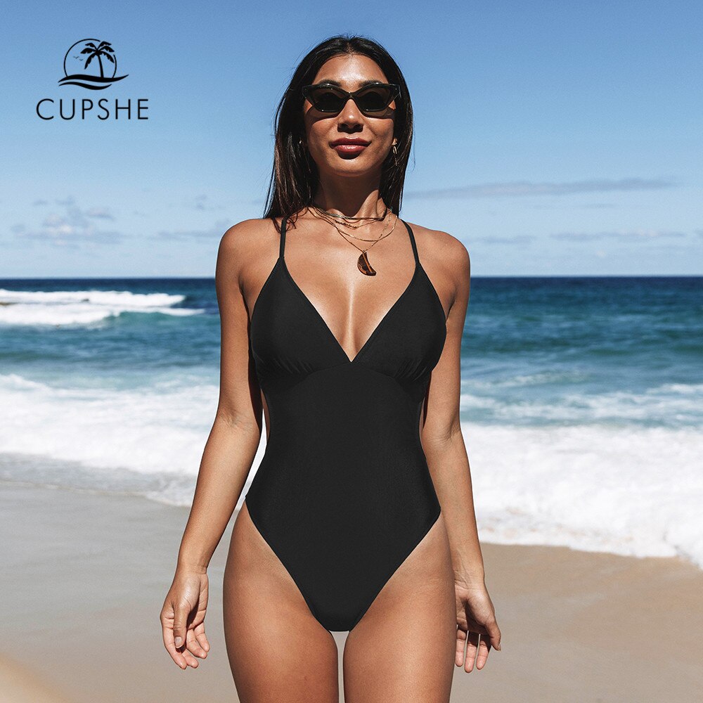 CUPSHE-bañador de una pieza para mujer, traje de baño Sexy con cuello en V, Monokini, ropa de playa, color negro liso, 2023