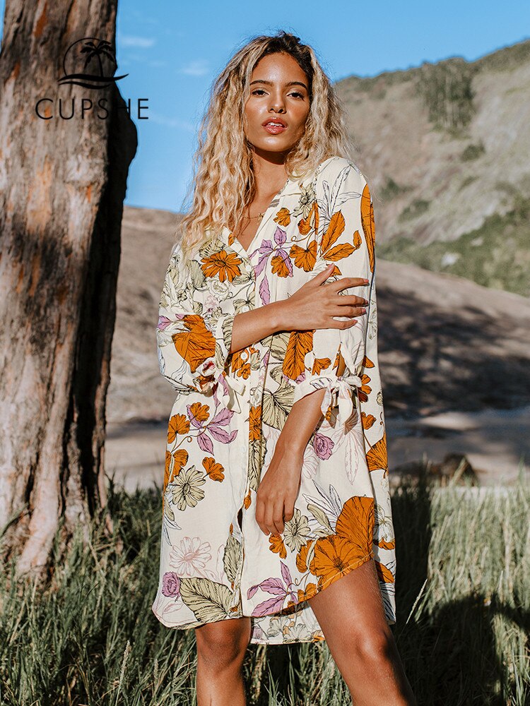 CUPSHE-vestido Midi holgado de chifón para mujer, vestido playero con estampado Floral abotonado para playa y vacaciones, ropa de playa, 2023