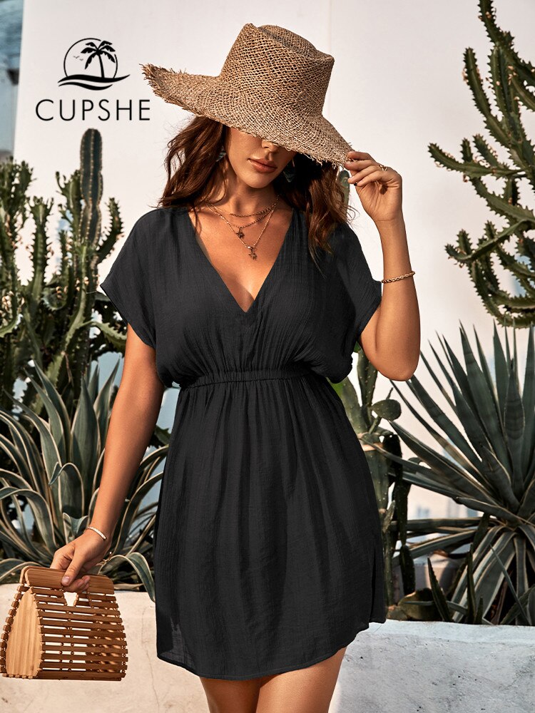 CUPSHE-vestido holgado de manga corta con cintura elástica para mujer, Túnica de playa y vacaciones, ropa de playa, verano, 2023