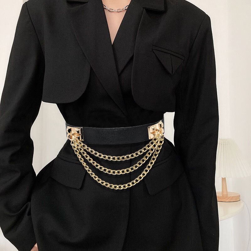 Cadenas de Metal doradas multicapa para mujer, cinturón negro de cuero PU, correas elásticas de cintura ancha, cinturones Punk con remaches, decoración de traje, cinturones de vestido