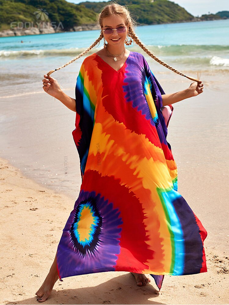 Caftán multicolor con estampado bohemio para mujer, Vestido largo con cuello en V y manga, ropa de playa, traje de baño, Q1342, 2023