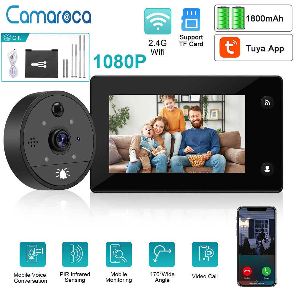 Camaroca-mirilla con cámara de vídeo para el hogar, timbre inteligente con detección de movimiento, intercomunicador de seguridad HD, visión nocturna, 1080P, Tuya, Wifi