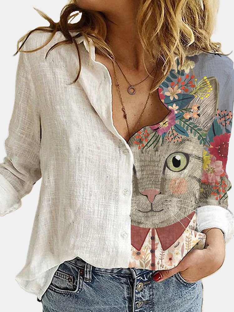 Camisa holgada con estampado Digital de gato y Animal para mujer, blusa blanca de oficina con manga, cuello vuelto, cárdigan informal, Top de otoño