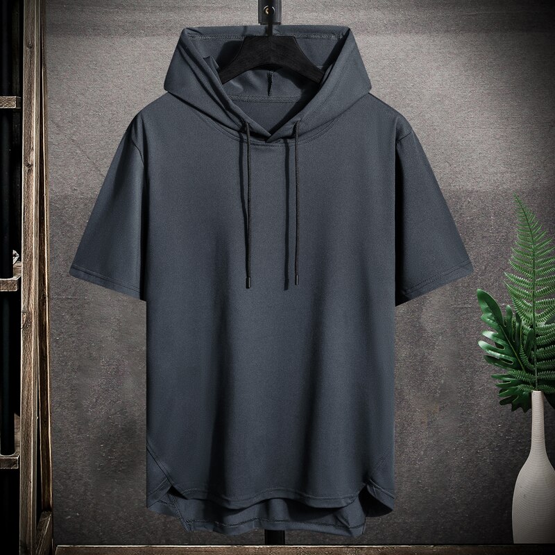 Camiseta con capucha de manga corta para hombre, ropa de calle holgada con cordón, color sólido, estilo Harajuku, Verano